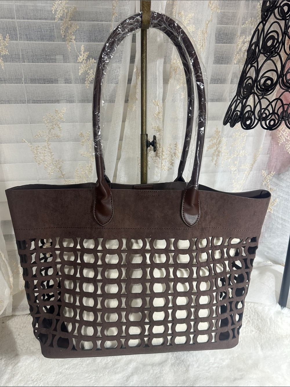 Anthropologie faux Seude perforated slouchy chocolate bag with canvas insert